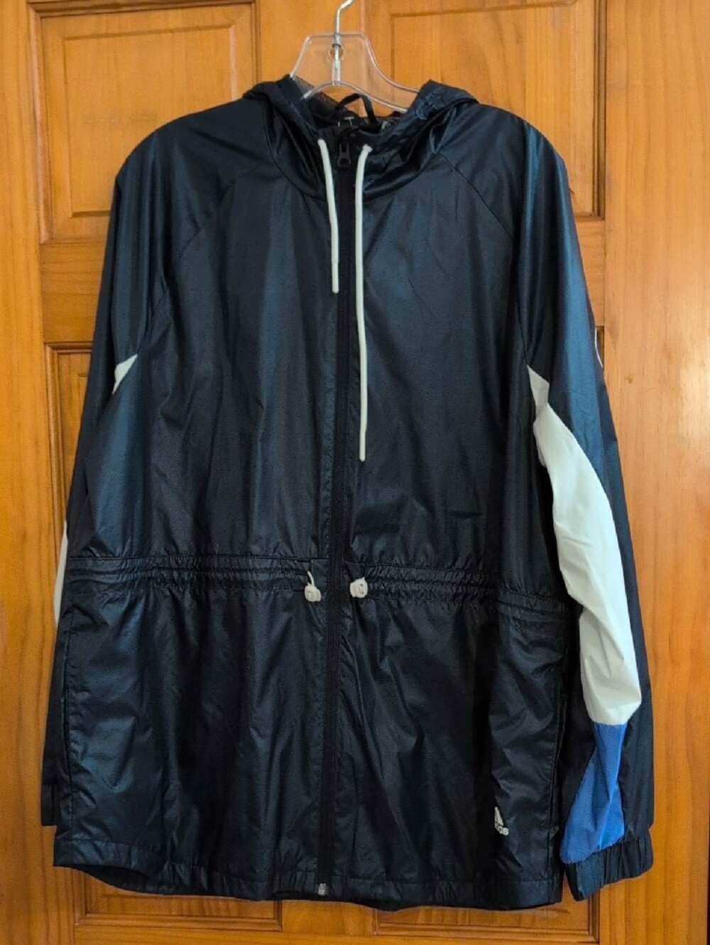 adidas Black Hooded Windbreaker with White and Blue Accents